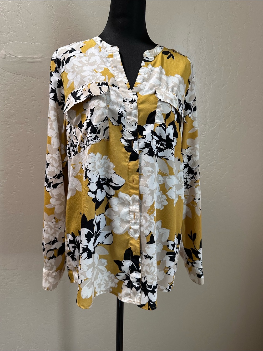 Calvin Klein White, Black & Mustard Floral Button-Down Shirt